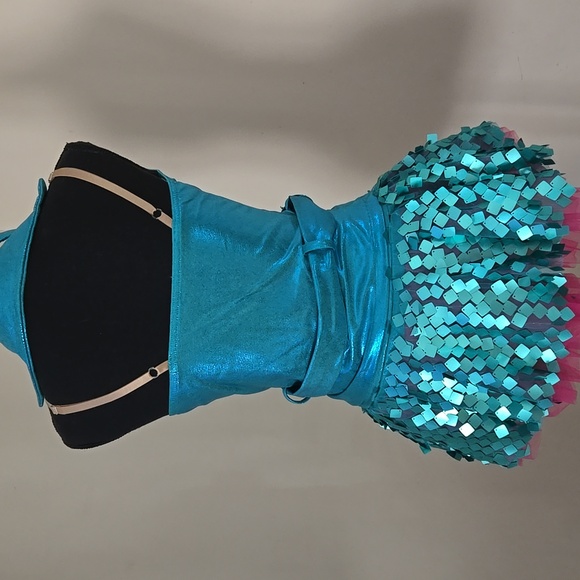 Weissman Turquoise Metallic Sequin w/ Hot Pink Leotard Dance Costume with Belt - Picture 5 of 16